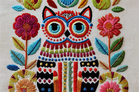 A handcrafted embroidery artwork of a cat surrounded by botanical forms, blending vivid colors and detailed stitching. Inspired by folk art traditions, it celebrates creativity,の素材