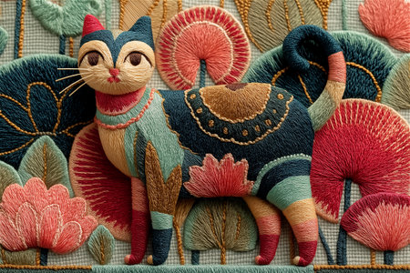 A handcrafted embroidery artwork of a cat surrounded by botanical forms, blending vivid colors and detailed stitching. Inspired by folk art traditions, it celebrates creativity,の素材
