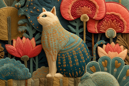 A whimsical cat embroidered in bright boho colors surrounded by leaves and flowers. This handmade fiber artwork captures the spirit of joy, creativity,の素材
