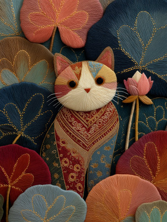 A whimsical cat embroidered in bright boho colors surrounded by leaves and flowers. This handmade fiber artwork captures the spirit of joy, creativity,の素材