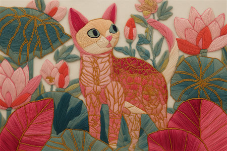A whimsical cat embroidered in bright boho colors surrounded by leaves and flowers. This handmade fiber artwork captures the spirit of joy, creativity,の素材