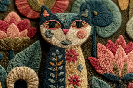 A whimsical cat embroidered in bright boho colors surrounded by leaves and flowers. This handmade fiber artwork captures the spirit of joy, creativity,の素材