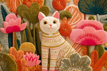A whimsical cat embroidered in bright boho colors surrounded by leaves and flowers. This handmade fiber artwork captures the spirit of joy, creativity,の素材