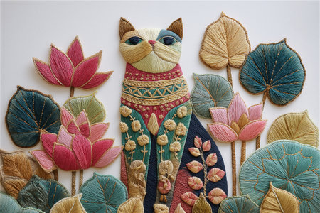 A whimsical cat embroidered in bright boho colors surrounded by leaves and flowers. This handmade fiber artwork captures the spirit of joy, creativity,の素材