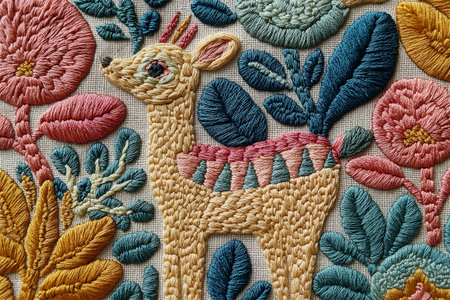 Vibrant embroidery artwork of a stylized dog adorned with pink, teal, and gold thread patterns. The background features floral and wave motifs inspired by traditional textile art.の素材