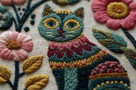 A whimsical cat embroidered in bright boho colors surrounded by leaves and flowers. This handmade fiber artwork captures the spirit of joy, creativity,の素材