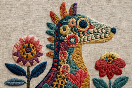 Vibrant embroidery artwork of a stylized dog adorned with pink, teal, and gold thread patterns. The background features floral and wave motifs inspired by traditional textile art.の素材