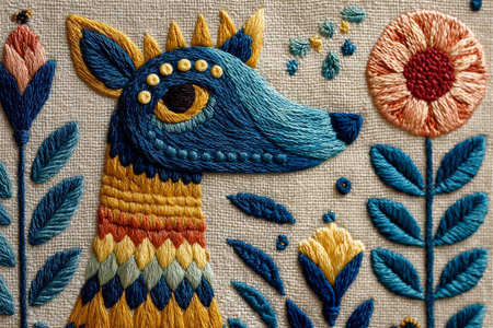 Vibrant embroidery artwork of a stylized dog adorned with pink, teal, and gold thread patterns. The background features floral and wave motifs inspired by traditional textile art.の素材