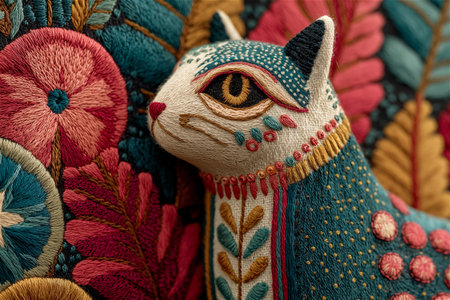 A whimsical cat embroidered in bright boho colors surrounded by leaves and flowers. This handmade fiber artwork captures the spirit of joy, creativity,の素材