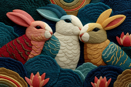 A charming embroidered rabbit adorned with vivid floral motifs and intricate stitching. This bohemian-style embroidery combines tradition and creativity,の素材