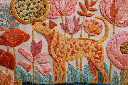 Vibrant embroidery artwork of a stylized dog adorned with pink, teal, and gold thread patterns. The background features floral and wave motifs inspired by traditional textile art.の素材