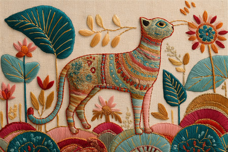 A whimsical cat embroidered in bright boho colors surrounded by leaves and flowers. This handmade fiber artwork captures the spirit of joy, creativity,の素材