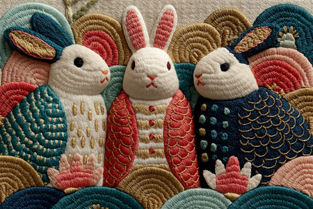 A charming embroidered rabbit adorned with vivid floral motifs and intricate stitching. This bohemian-style embroidery combines tradition and creativity,の素材