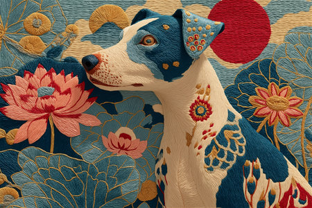 Vibrant embroidery artwork of a stylized dog adorned with pink, teal, and gold thread patterns. The background features floral and wave motifs inspired by traditional textile art.の素材