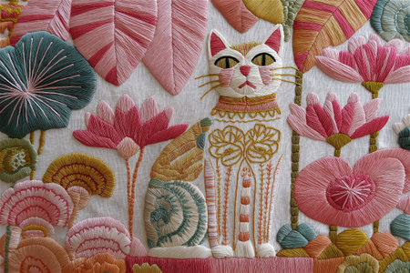 A beautifully embroidered cat made with vibrant threads and folk-inspired floral motifs on linen fabric. The design combines modern textile art and traditional craftの素材