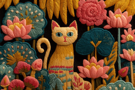 A beautifully embroidered cat made with vibrant threads and folk-inspired floral motifs on linen fabric. The design combines modern textile art and traditional craftの素材