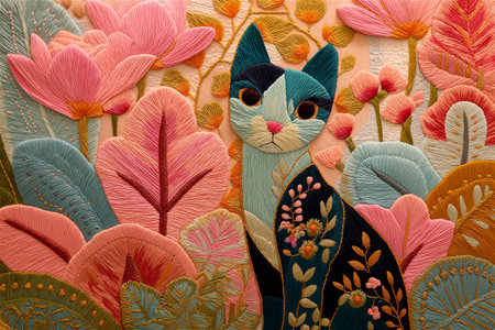 A beautifully embroidered cat made with vibrant threads and folk-inspired floral motifs on linen fabric. The design combines modern textile art and traditional craftの素材