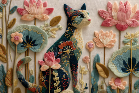 A beautifully embroidered cat made with vibrant threads and folk-inspired floral motifs on linen fabric. The design combines modern textile art and traditional craftの素材