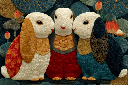 A beautifully embroidered rabbit crafted with vibrant threads and folk-inspired floral designs on linen fabric. This handmade textile artwork reflects traditional craftsmanship,の素材