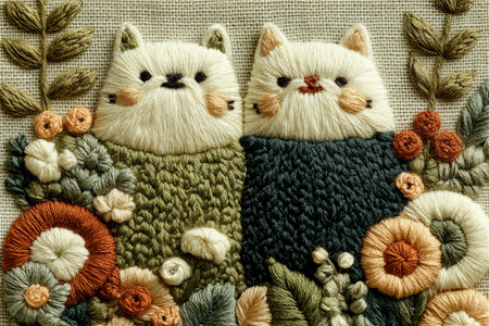 A beautifully embroidered cat made with vibrant threads and folk-inspired floral motifs on linen fabric. The design combines modern textile art and traditional craftの素材