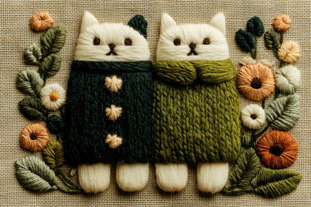 A beautifully embroidered cat made with vibrant threads and folk-inspired floral motifs on linen fabric. The design combines modern textile art and traditional craftの素材