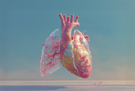A pastel pink glass lungs model created in a realistic 3D style, combining medical anatomy and fine art. It represents fragility, beauty, and the connection between natureの素材