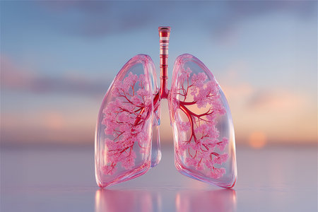 A pastel pink glass lungs model created in a realistic 3D style, combining medical anatomy and fine art. It represents fragility, beauty, and the connection between natureの素材