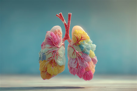 A three-dimensional artistic depiction of human lungs showcasing intricate vessels and anatomical structures, rendered in soft hues of yellow, pink, blue, and orange.の素材