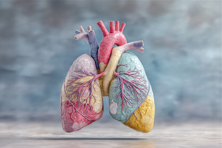 A three-dimensional artistic representation of human lungs in pastel tones with intricate vascular structures. This surreal medical artwork highlights the beauty of biologyの素材