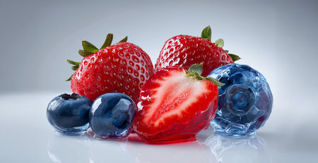 A beautifully crafted set of glass-coated berries featuring blueberries, cherries, blackberries, and strawberries with ultra-shiny surfaces. The reflective glow and juicy clarityの素材