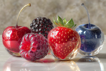 A vivid display of mixed berries encased in clear glass, showcasing radiant reflections and jewel-like surfaces. The blueberry and cherry appear gem-likeの素材