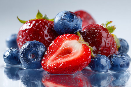 A vivid display of mixed berries encased in clear glass, showcasing radiant reflections and jewel-like surfaces. The blueberry and cherry appear gem-likeの素材