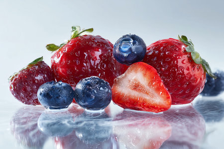 A vivid display of mixed berries encased in clear glass, showcasing radiant reflections and jewel-like surfaces. The blueberry and cherry appear gem-likeの素材