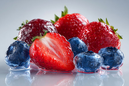 A beautifully crafted set of glass-coated berries featuring blueberries, cherries, blackberries, and strawberries with ultra-shiny surfaces. The reflective glow and juicy clarityの素材