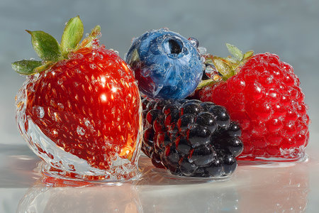 A beautifully crafted set of glass-coated berries featuring blueberries, cherries, blackberries, and strawberries with ultra-shiny surfaces. The reflective glow and juicy clarityの素材