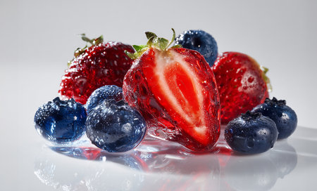 A vivid display of mixed berries encased in clear glass, showcasing radiant reflections and jewel-like surfaces. The blueberry and cherry appear gem-likeの素材