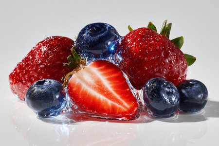 A vivid display of mixed berries encased in clear glass, showcasing radiant reflections and jewel-like surfaces. The blueberry and cherry appear gem-likeの素材
