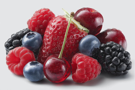 A stunning artistic composition of blueberries, cherries, blackberries, and strawberries coated in glossy crystal-like glass. The reflective highlights, juicy textures,の素材