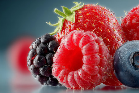 A stunning artistic composition of blueberries, cherries, blackberries, and strawberries coated in glossy crystal-like glass. The reflective highlights, juicy textures,の素材
