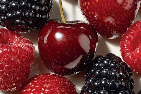 A stunning artistic composition of blueberries, cherries, blackberries, and strawberries coated in glossy crystal-like glass. The reflective highlights, juicy textures,の素材
