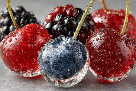 A stunning artistic composition of blueberries, cherries, blackberries, and strawberries coated in glossy crystal-like glass. The reflective highlights, juicy textures,の素材