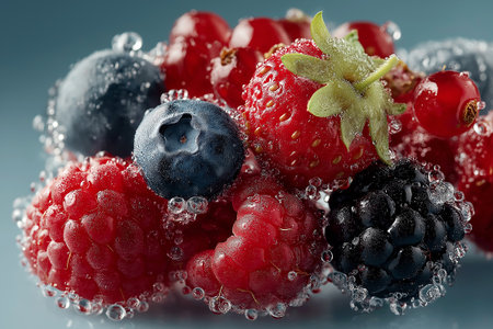 A stunning artistic composition of blueberries, cherries, blackberries, and strawberries coated in glossy crystal-like glass. The reflective highlights, juicy textures,の素材