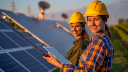 A solar technician in safety gear inspects photovoltaic panels during sunset to ensure proper performance. The image represents renewable energy development and responsibility.の素材