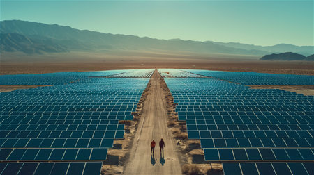 Two engineers walk through a vast solar farm to inspect photovoltaic panels in a desert landscape. The scene represents clean energy production and modern renewable power systems.の素材