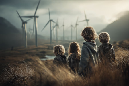 A cinematic scene of four children observing futuristic solar energy structures in a serene mountain valley during sunset. Soft natural light, dramatic atmosphere,の素材