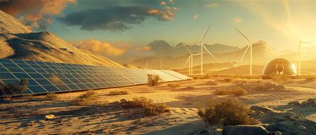 Two futuristic explorers analyze holographic data in a vibrant green mountain valley at sunset. A massive high-tech structure blends with nature,の素材