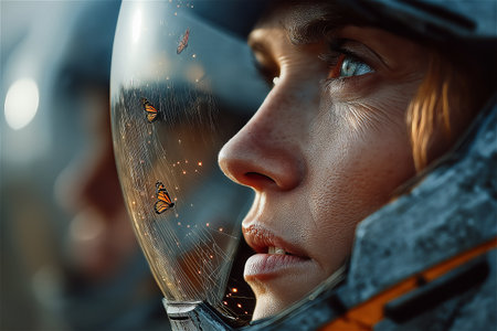 Close-up of a sci-fi explorer wearing a protective helmet with glowing reflections on the visor. The image highlights futuristic design, adventure, and advanced survival gear.の素材