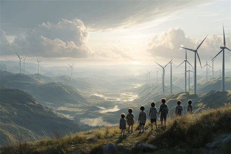 A cinematic scene of four children observing futuristic solar energy structures in a serene mountain valley during sunset. Soft natural light, dramatic atmosphere,の素材