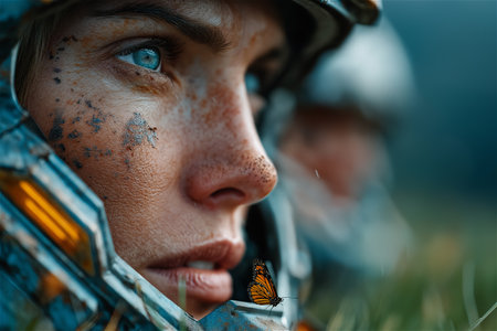 Close-up of a sci-fi explorer wearing a protective helmet with glowing reflections on the visor. The image highlights futuristic design, adventure, and advanced survival gear.の素材
