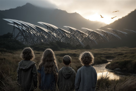 A cinematic scene of four children observing futuristic solar energy structures in a serene mountain valley during sunset. Soft natural light, dramatic atmosphere,の素材